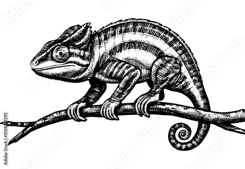 hameleon Perched on Branch in a black and white vintage woodcut engraved ink style. Hand drawn illustration.