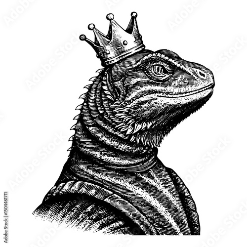 Anthropomorphic  Lizard in crown Medieval Garb Portrait in a black and white vintage woodcut engraved ink style. Hand drawn illustration.