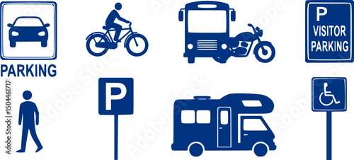 Parking sign set. Parking sign car, bicycle, motorcycle, bus, disabled person, campervan, visitor parking signboard. Vector illustration.

