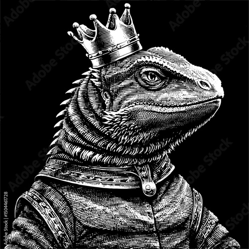 Anthropomorphic Lizard Wearing Crown in a black and white vintage woodcut engraved ink style. Hand drawn illustration.