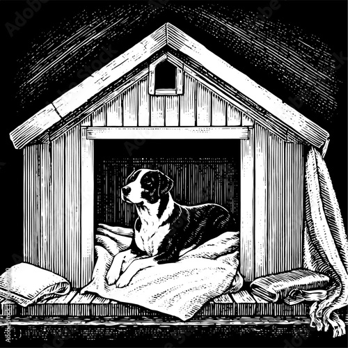Dog  Lying  in Wooden Doghouse in a black and white vintage woodcut engraved ink style. Hand drawn illustration.