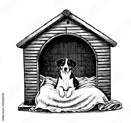 Dog Sitting in Wooden Doghouse in a black and white vintage woodcut engraved ink style. Hand drawn illustration.