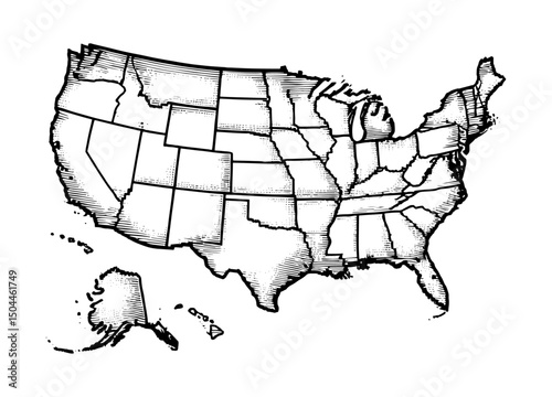 US Map in Woodcut Style with Delineated State Lines Black and White Vintage Cartography