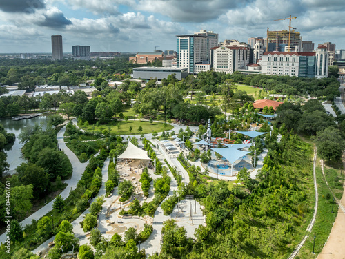 Aerial view of Hermann park in Houston with Japanese Garden, zoo, Space Adventure playground