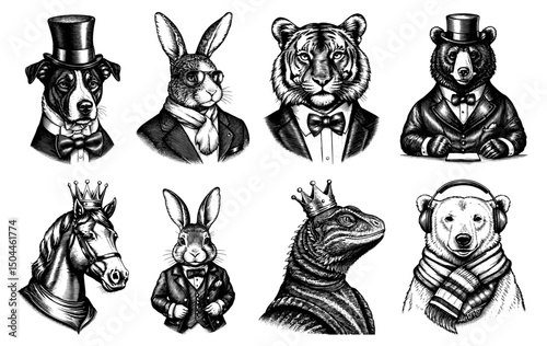 Anthropomorphic Animals in Formalwear and Accessories in a black and white vintage woodcut engraved ink style. Hand drawn illustration.