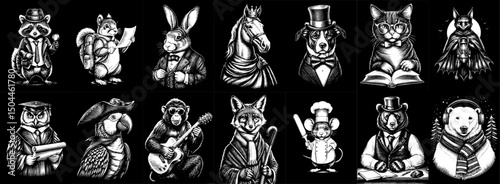 Collection of Anthropomorphic Animals in Human Attire in a black and white vintage woodcut engraved ink style. Hand drawn illustration.Against Black Background