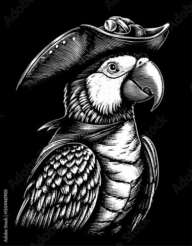Anthropomorphic Parrot Pirate with hat and neckerchief in a black and white vintage woodcut engraved ink style. Hand drawn illustration. against black background