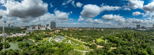 Aerial view of Hermann park in Houston with Japanese Garden, zoo, Space Adventure playground