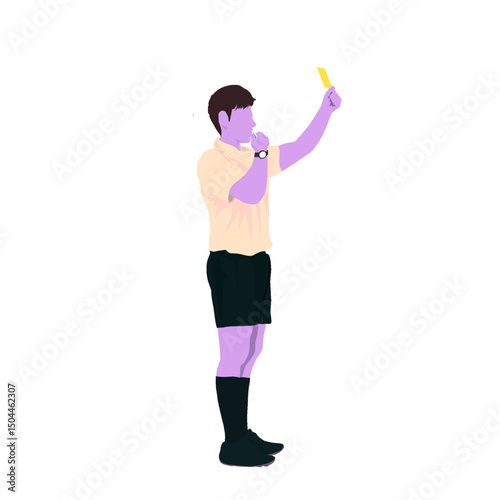 The referee is blowing the whistle while issuing a yellow card