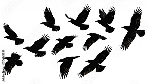 Birds flying black ravens isolated on white background Corvus corax. Halloween 