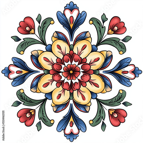Stylized floral mandala design in vibrant colors with intricate patterns  