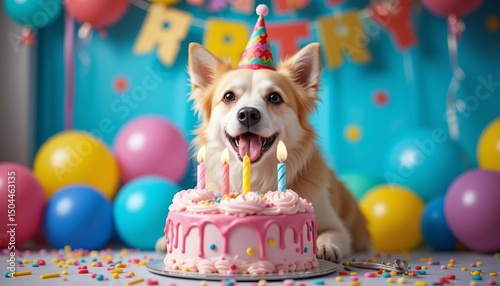 Cute dog enjoying a birthday cake at a festive party with colorful balloons and decorations indoors.
