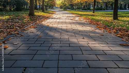 A tranquil path through autumn, a symphony of light and shadow on stone pavement