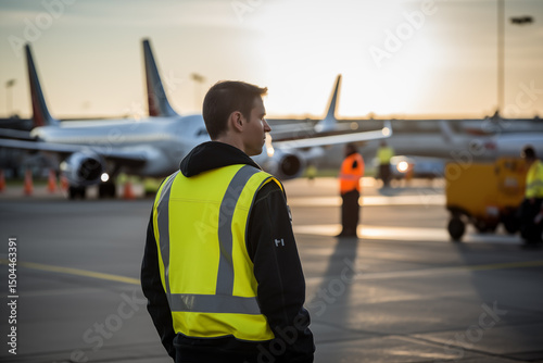 Airport ground crew member in reflective vest observing aircraft operations on the tarmac at sunrise photo