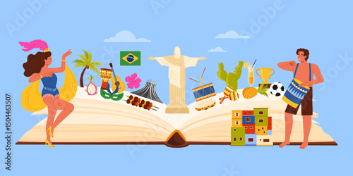 Open book showcasing Brazilian culture, featuring Carnival, Christ the Redeemer, and traditional elements. Highlights Brazil rich heritage and festive spirit, vector illustration.