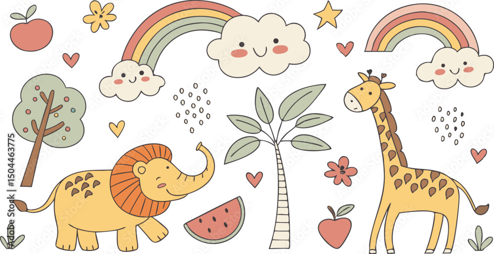 Obraz premium Hand drawn Baby design for textile, posters, cards. Cute Baby animals pattern. Fabric baby design. Vector illustration with cute animals. Nursery baby pattern illustration of a variety Animels.