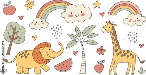 Wallpaper Mural Hand drawn Baby design for textile, posters, cards. Cute Baby animals pattern. Fabric baby design. Vector illustration with cute animals. Nursery baby pattern illustration of a variety Animels. Torontodigital.ca