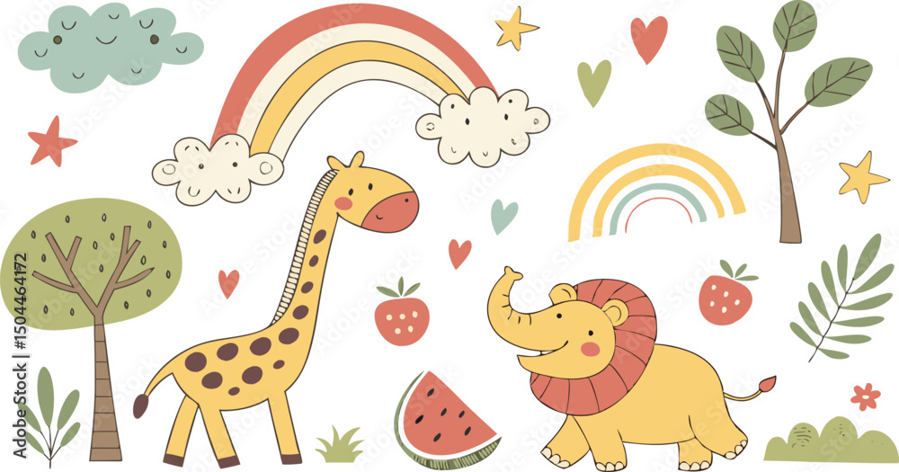 Naklejka premium Hand drawn Baby design for textile, posters, cards. Cute Baby animals pattern. Fabric baby design. Vector illustration with cute animals. Nursery baby pattern illustration of a variety Animels.