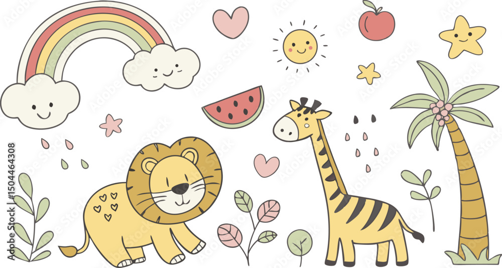 Naklejka premium Hand drawn Baby design for textile, posters, cards. Cute Baby animals pattern. Fabric baby design. Vector illustration with cute animals. Nursery baby pattern illustration of a variety Animels.