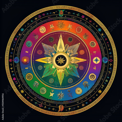 Mystical mandala with astrological symbols in vibrant colors