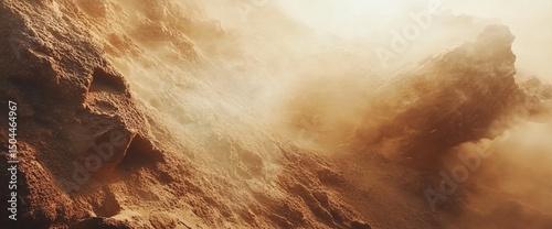 Dramatic mountain landscape shrouded in mist and warm sunlight casting an ethereal glow