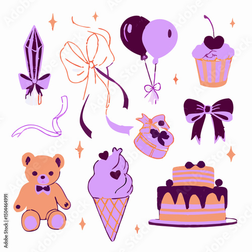 Purple and Orange Party Clipart: Birthday Icons, Sweets, and Toys