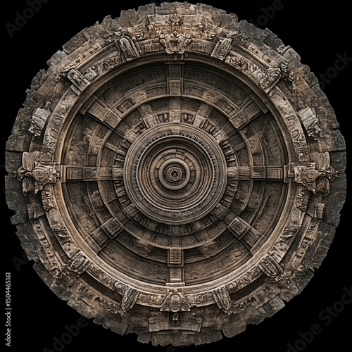 Ancient stone mandala with intricate motifs on a black background  