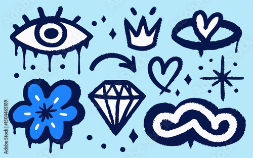 Hand-drawn Doodle Icons: Eyes, Crown, Heart, Diamond