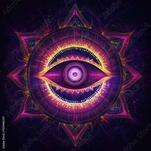 Glowing mandala with third eye and geometric patterns in purple  