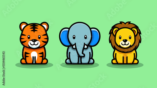 Cute cartoon animals including a tiger, elephant, and lion display playful expressions against a solid green background