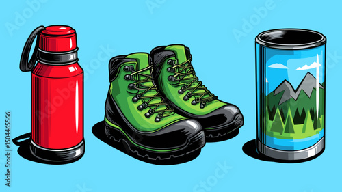 Gear for outdoor adventures including hiking boots, a thermos, and a travel mug on a blue background