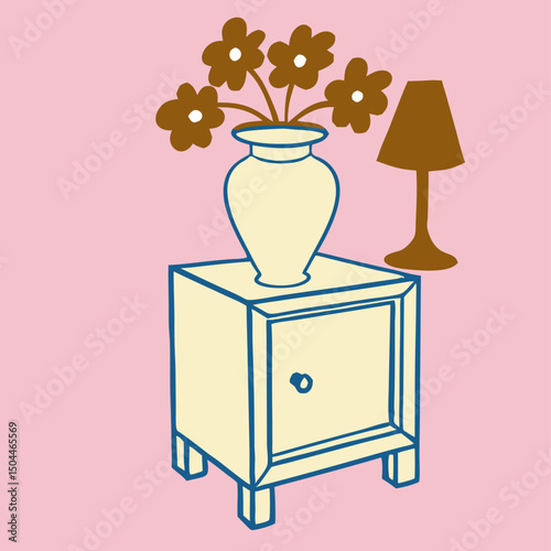 Modern Nightstand with Vase, Flowers & Lamp