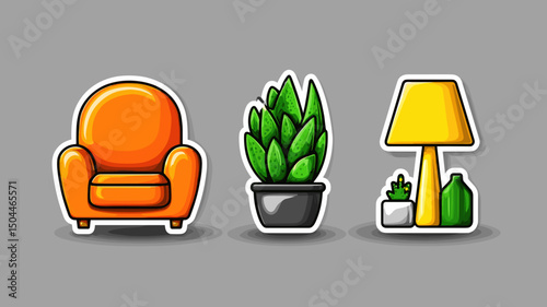 Bright and modern home decor elements featuring a vibrant chair, potted plant, and stylish lamp on a neutral background