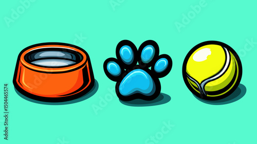 Bright, colored illustrations depict a pet food bowl, a blue paw print, and a yellow tennis ball against a turquoise background