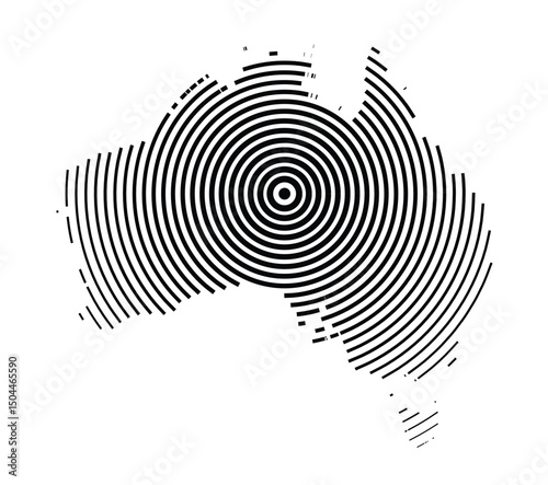 Abstract map of Australia showing the country with concentric black tapering lines