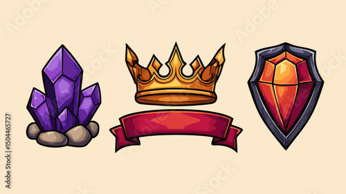 Colorful fantasy game elements featuring crystals, a crown, and a shield on a light background