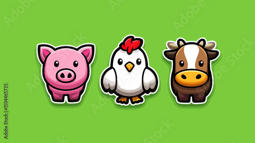 Colorful cartoon farm animals featuring a pig, chicken, and cow on a vibrant background
