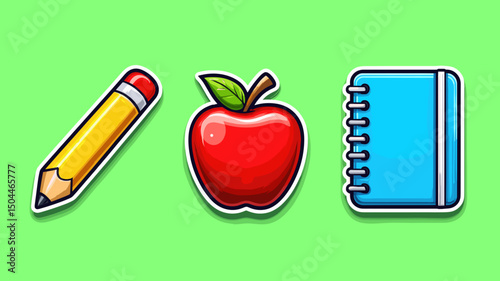 Stationery items including a pencil, notebook, and red apple on a bright green background for educational themes