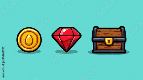 Treasure chest, gem, and coin lined up on a solid turquoise background showcasing collectible items in a playful design
