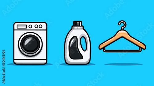 Washer and detergent next to a hanger on a blue background highlighting laundry essentials in a modern household