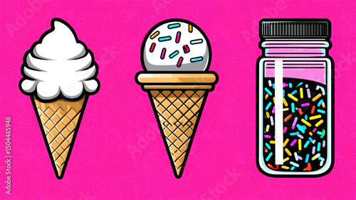 Colorful illustration of ice cream cones with toppings and sprinkles against a vibrant pink background