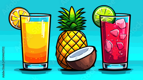 Refreshing tropical drinks with coconut and pineapple arranged on a bright background