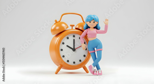 Cartoon girl with orange alarm clock time management concept
