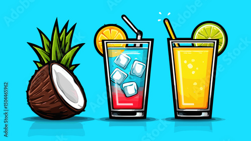 Refreshing tropical drinks with coconut and fruit garnishes on bright blue background