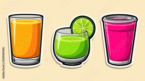 Vibrant assortment of juices served in clear glasses on a light background at a summertime event