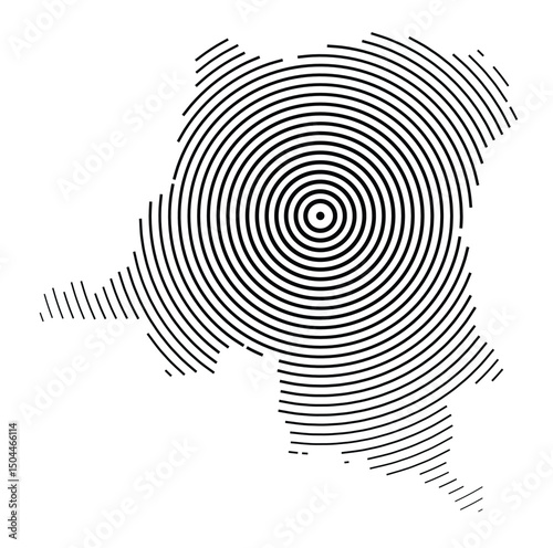 Abstract map of the Democratic Republic of the Congo showing the country with concentric black tapering lines
