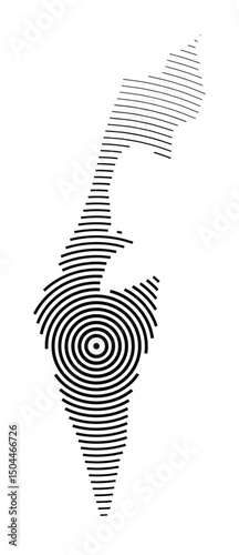 Abstract map of Israel showing the country with concentric black tapering lines