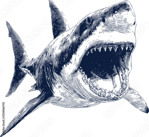 Detailed illustration of a fierce great white shark in monochrome style. Vector illustration