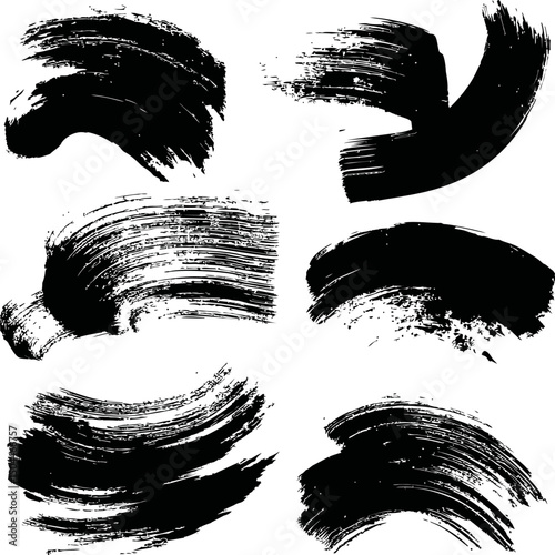 Set of six black grunge brush strokes in various shapes. Vector illustration