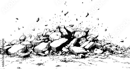 Black and white illustration of crumbling rocks in an explosive dynamic scene. Vector illustration